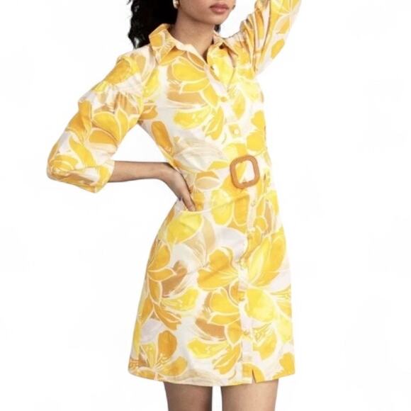 NEW VINCE CAMUTO Yellow Floral Belted Button Down Shirt Dress Size 12 Chic - Picture 1 of 8